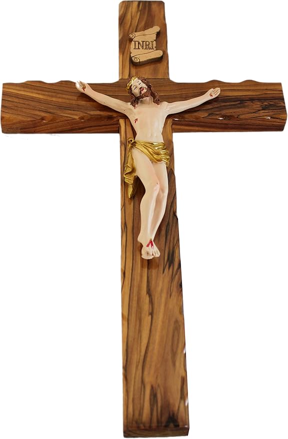 Holy Land Market Olive Wood Cross from Bethlehem - Includes Certificate & Prayer Card, 14 Inch Wall Hanging Decor