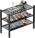 3 Tier (Thick) Bamboo Shoe Rack for Entryway, Small Wood Shoe Shelf Storage Organizer for Closet, Shoe Stand for Hallway, Stackable and Sturdy 27"x12"x21" Black