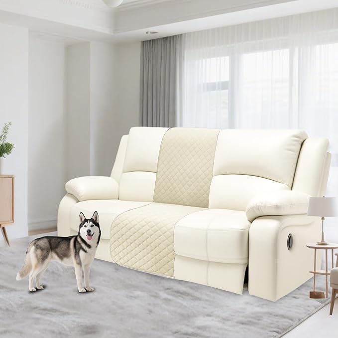 Recliner Sofa Covers 100% Waterproof Velvet L Shape Recliner Couch Covers for Dogs Pets Washable Anti Slip 1 Additional Couch Cover for Reclining Couch (Additional Seat, Ivory White)