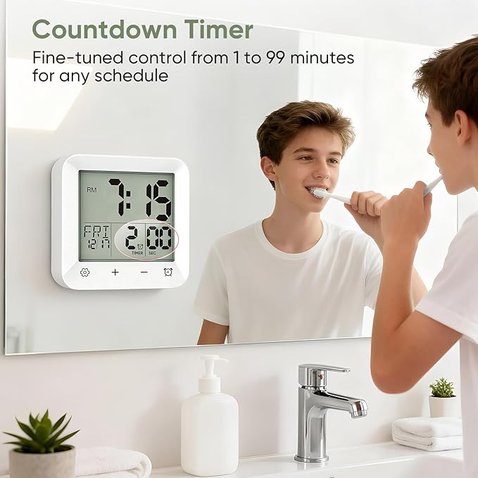 Bathroom Clock Waterproof Shower Timer, Digital Wall Clock with Countdown, Touch Screen, LCD Display, Temperature, Suction Cup/Hanging Hole/Stand, Spa Sauna, Kids and Adults I White
