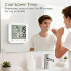 Bathroom Clock Waterproof Shower Timer, Digital Wall Clock with Countdown, Touch Screen, LCD Display, Temperature, Suction Cup/Hanging Hole/Stand, Spa Sauna, Kids and Adults I White