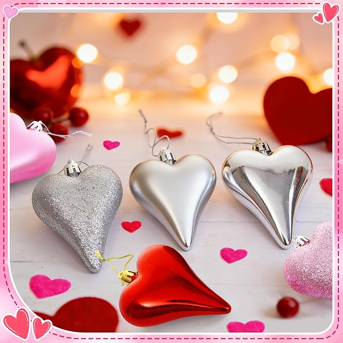 18 Pcs Valentines Tree Heart Ornaments Red Pink Silver Heart Shaped Valentines Tree Decorations 3 Style 3.2" Valentine Ornaments for Christmas Tree Anniversary,Wedding,Party Decoration