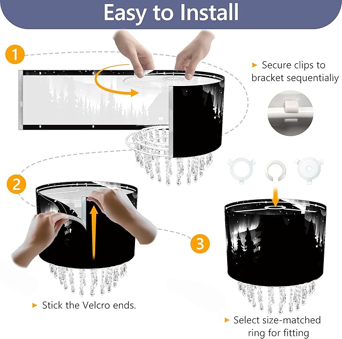 Northern Aurora Cabin Lamp Shade with Acrylic Bead Droplets, Black & White Drum Fabric Light Shade for Ceiling Pendant Table & Floor Lamps, Winter Landscape Decor, 11.8in