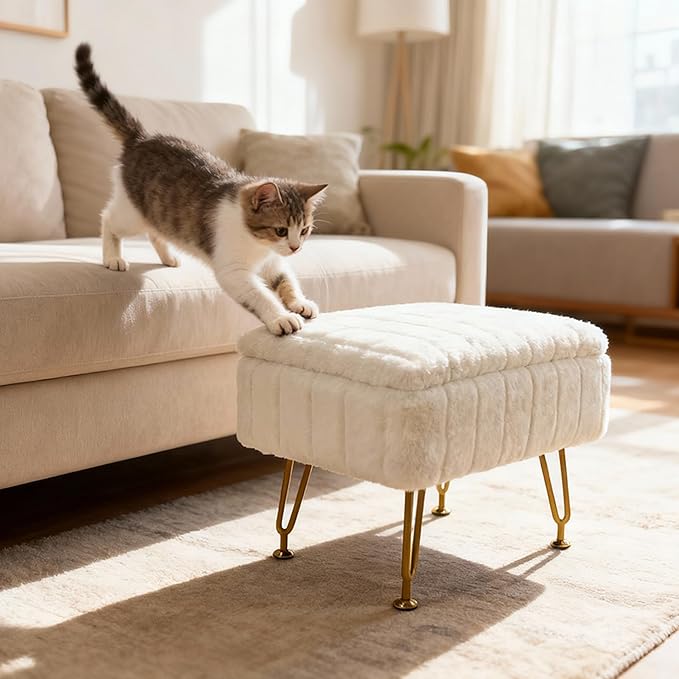 ACEQLYT® Small Foot Stool Ottoman with Storage, Foot Rest for Couch and Chair, White Faux Fur Storage Ottoman with Gold Metal Legs and Padded Seat