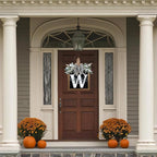 Ultra Large 14'' Last Name All Year Round Front Door Wreath with 26 Initial Letter Welcome Sign All Seasons Eucalyptus Garland and Bow Wreaths for Front Door Porch Farmhouse Decoration(W)