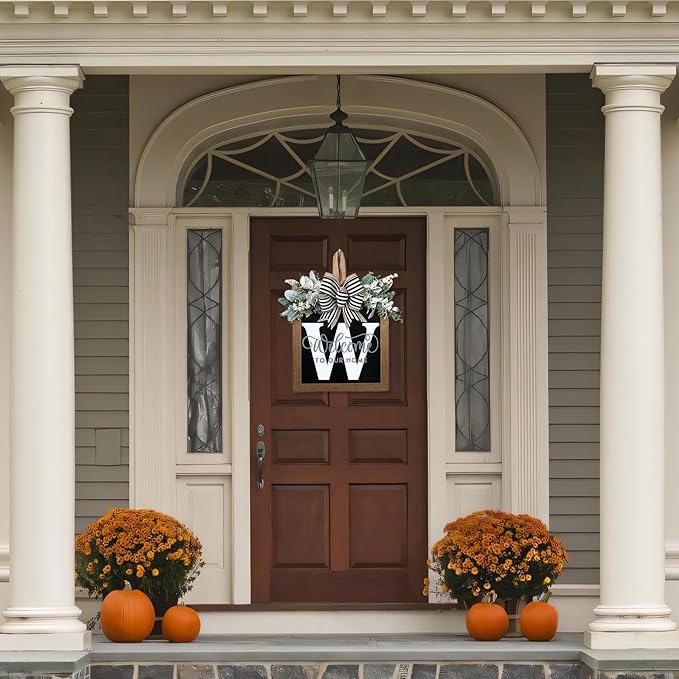 Ultra Large 14'' Last Name All Year Round Front Door Wreath with 26 Initial Letter Welcome Sign All Seasons Eucalyptus Garland and Bow Wreaths for Front Door Porch Farmhouse Decoration(W)