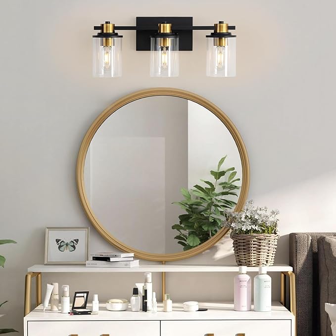 LOUSACE Bathroom Light Fixtures Black and Gold, 3 Light Bathroom Vanity Light, Modern Bathroom Light over Mirror with Clear Glass Shades, Brushed Gold Socket Wall Vanity Lighting Fixtures for Bathroom