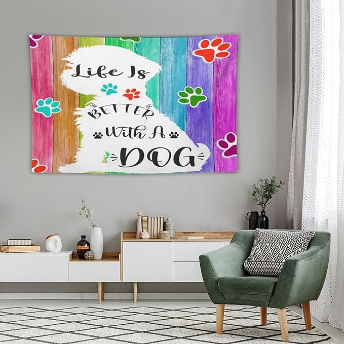 VUMIVI Cute Dog Tapestry Rainbow Color Planks Rustic Farmhouse Home Decor Pet Paws Tapestry Wall Hanging for Living Room Bedroom Dorm Classroom Aesthetic Decor W90xL60in