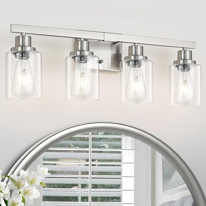 Bathroom Vanity Light, 4-Light Nickel Modern Matte Wall Sconce Lighting with Clear Glass Shade, Wall Lights,Bath Vintage Wall Mounted Lamps for Mirror Bedroom Living Room