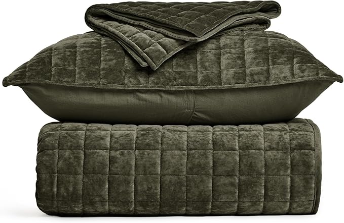 RECYCO Luxury Velvet Quilt Set Full Queen Size, Lightweight Velvet Comforter Set, Oversized Bedspread Coverlet Quilted Bedding Set, with 2 Matching Pillow Shams, for All Season, Olive Green