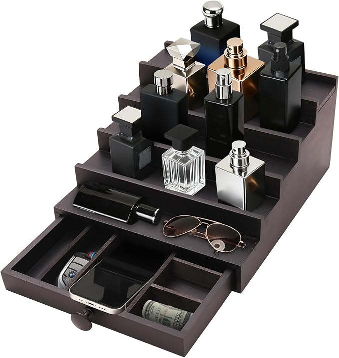 5 Tier Cologne Organizer for Men - Wooden Black Cologne Perfume Display Stand with Drawer and Hidden Compartment, Mens Cologne Holder Shelf for Organizing and Storing
