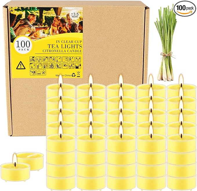4-Hour 100Pack Yellow Tealight Candles, Outdoor and Indoor Summer Scented Candle,Natural Soy Wax Candle for Home Patio Garden Yard Balcony,BBQ Birthday Emergency