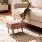 ACEQLYT® Small Foot Stool Ottoman with Storage, Foot Rest for Couch and Chair, Pink Faux Fur Storage Ottoman with Gold Metal Legs and Padded Seat