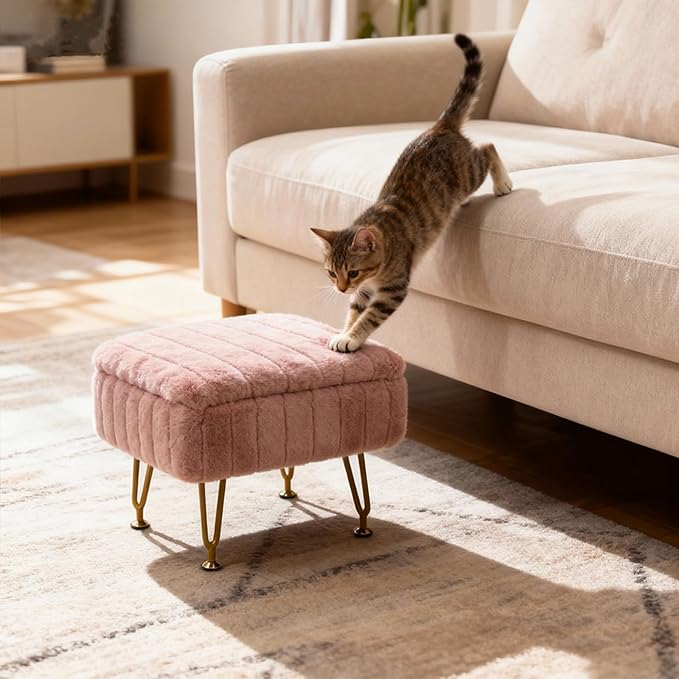 ACEQLYT® Small Foot Stool Ottoman with Storage, Foot Rest for Couch and Chair, Pink Faux Fur Storage Ottoman with Gold Metal Legs and Padded Seat