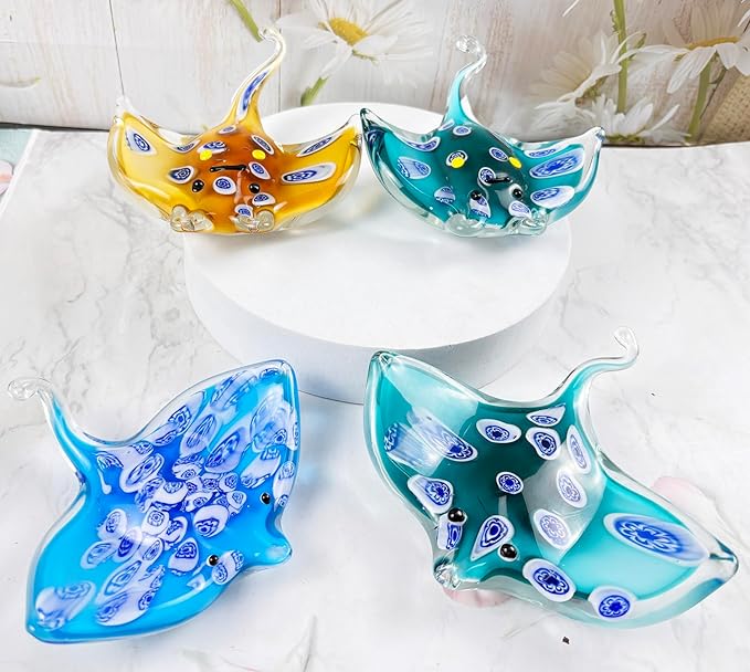 Crystal Devil Fish Figurine Hand Blown Glass Manta Ray Statue Collectibles Ocean Art Sea Animal Home Table Decor Gift Green 4.7''