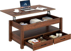 Rolanstar Coffee Table, Lift Top Coffee Table with Drawers and Hidden Compartment, Retro Central Table with Wooden Lift Tabletop, for Living Room,Espresso