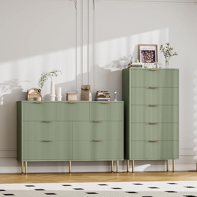 GarveeHome 5 Drawers Dresser for Bedroom, Fluted Dresser Chest of Drawers with Handle, Wood Modern Dressers for Closet, Bedroom Furniture Storage Organizer for Living Room, Hallway