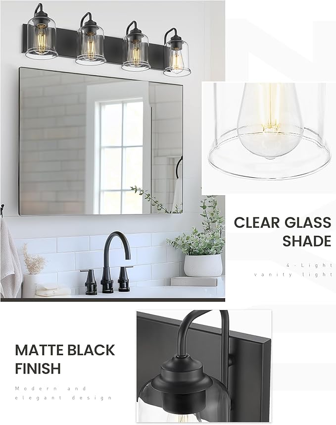 zeyu Modern Bathroom Light Fixtures, 4 Light Vanity Lighting, 28.5" Bathroom Mirror Wall Light, Matte Black Finish with Clear Glass Shade, ZSL72B-4W BK