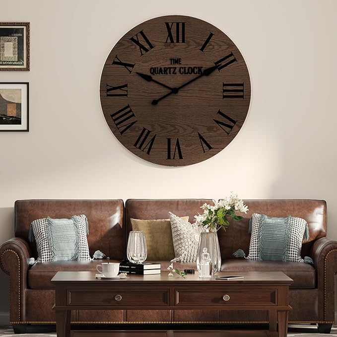 ARTPOWER Large Farmhouse Wall Clock, 35.5” Shiplap Wall Clock with Roman Numeral, Nearly Non-Ticking, Round Wall Clocks for Living Room Decor, Office, Bedroom, Entrance, Brown