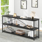 IBF 63" Black Low Horizontal Bookcase, Modern Long Wood Metal 3 Tier Book Shelf, Farmhouse Vintage Big Open Sturdy Bookshelf, Simple Large Wide Etagere for Home Living Room Office Bedroom, Black Oak