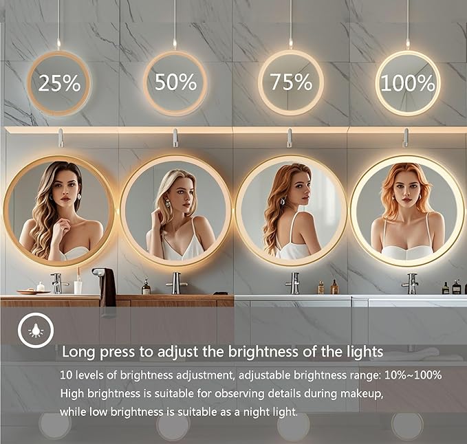 28 Inch Wall-Mounted Round Bathroom Mirror with LED-Lights - Frame Vanity Mirrors (28" x 28", Gold)