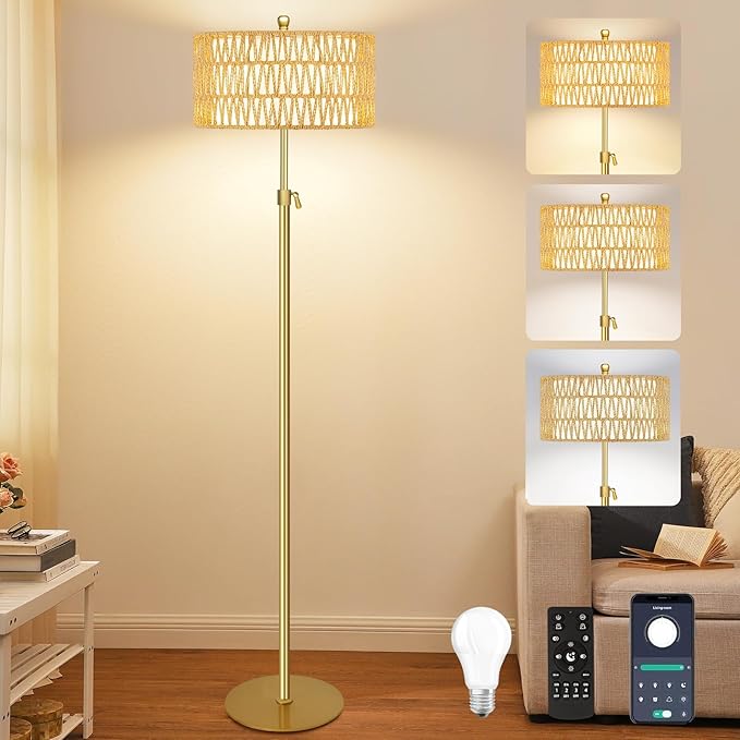 Gold Floor Lamps for Living Room Rattan Boho Floor Lamp with Remote Control,Dimmable Wicker Floor Lamps with 3 Color Temperature Modern Standing Lamp Brass Tall Floor Lamp for Bedroom Corner