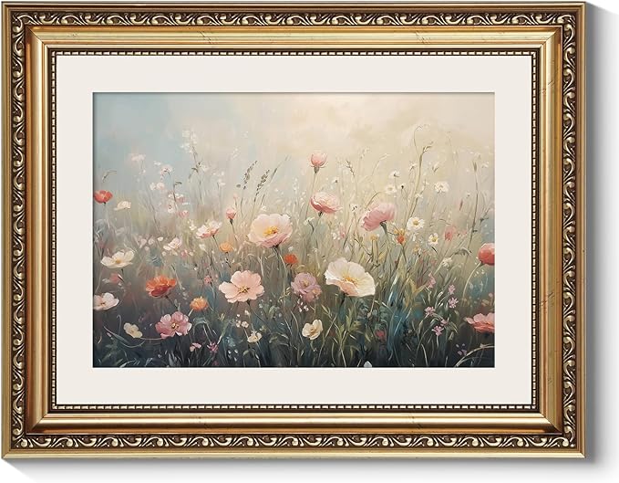 ARPEOTCY Vintage Gold Framed Wall Art Decor, Colorful Wildflower Picture, Vintage Flower Wall Art for Living Room Bedroom Office, Canvas Print Painting, Retro Bathroom Decor, 11x14 Inch