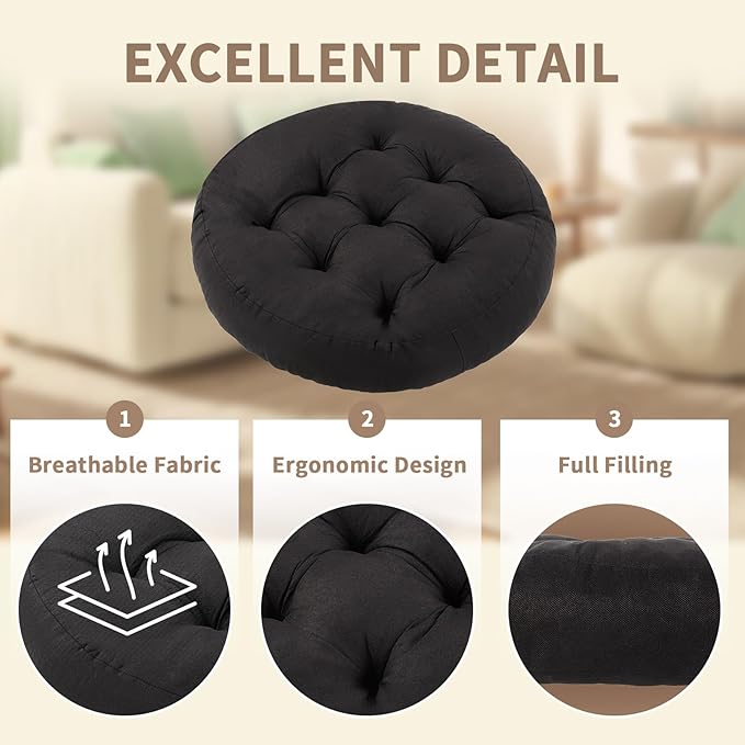 Meditation Floor Pillow, Round Floor Cushions for Adults, Button Tufted Seat Cushions for Yoga Tatami Living Room, Black, 22 x 22 x 4 in
