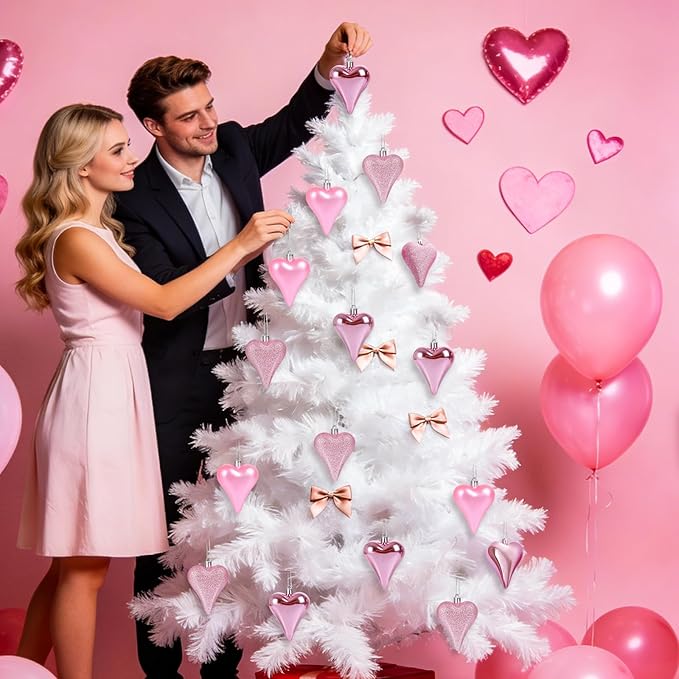 18 Pcs Valentines Tree Heart Ornaments Pink Valentines Tree Decorations, 3 Style 3.2" Valentine Hanging Ornaments for Christmas Tree Anniversary Party Decoration