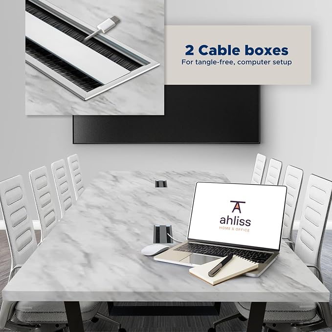 Sturdy Conference Table with Cable Management Grommets Modern Rectangle Office Meeting Table with Wood Tabletop and Metal Frame & Legs- Easy Assembly Boardroom Table (White Marble, 8 Foot)