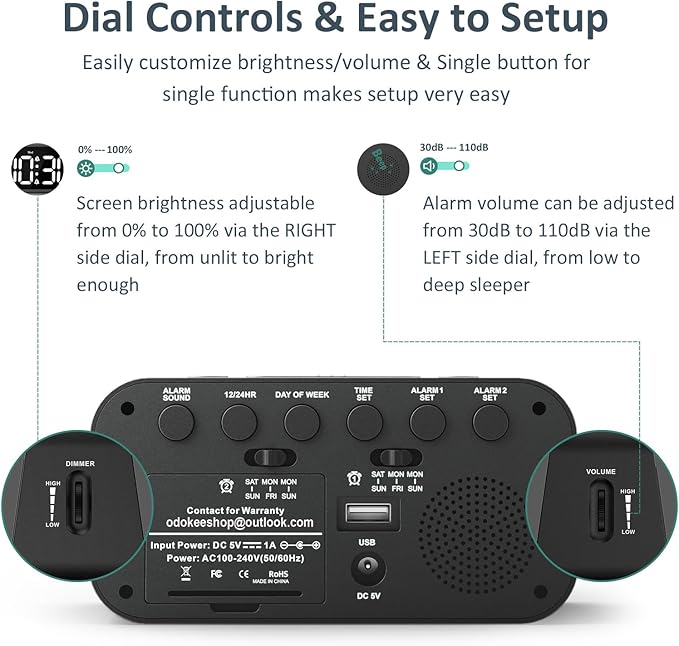 Digital Dual Alarm Clock for Bedroom, Easy to Set, 0-100% Dimmer, USB Charger, 5 Sounds Adjustable Volume, Weekday/Weekend Mode, Snooze, 12/24Hr, Battery Backup, Compact Clock for Bedside