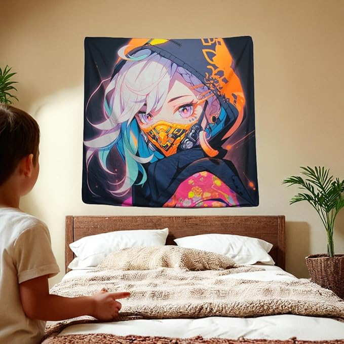 HOUHUANG Anime Fluorescent Tapestry - 59x59 Inches Large Wall Hanging for Room Decoration, Glow-in-the-Dark Trippy Boho Style with Blacklight Effects, Perfect for Bedroom and Custom Tapestry Lovers (Ninja Girl )