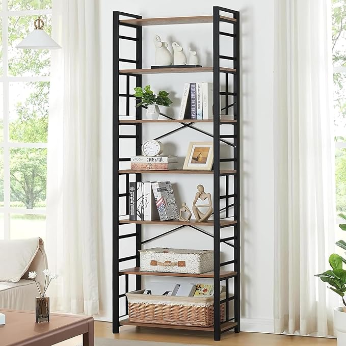 HOMBAZAAR 7 Tier Bookshelf,84 inch Tall Industrial Bookcase with Metal Frame and Open Shelves,Rustic Heavy Duty 7 Shelf Bookcase, Office Book Shelves for Living Room and Bedroom,Brown