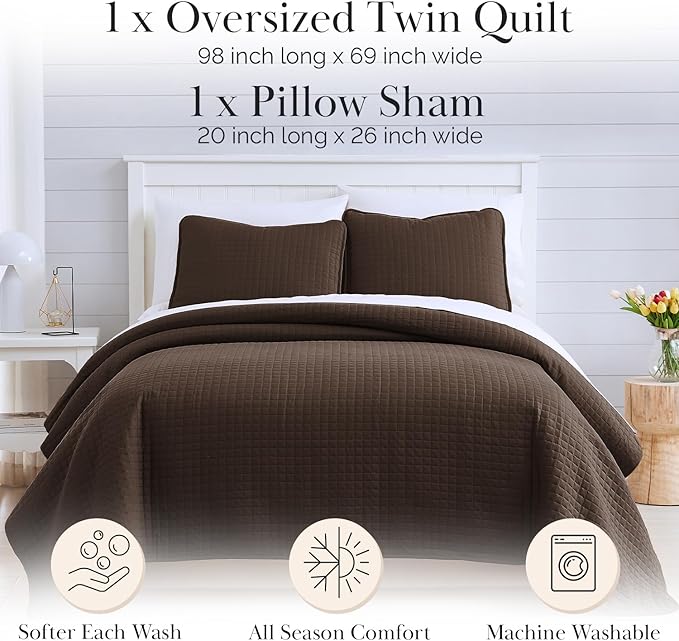Southshore Fine Living, Inc. Twin XL Bedspread Quilt Set, Dorm Room Bedding Essentials, Stain Resistant, Machine Washable Bed Spread, XL/Twin Brown Comforter Set w/Pillow Sham, Chocolate Brown