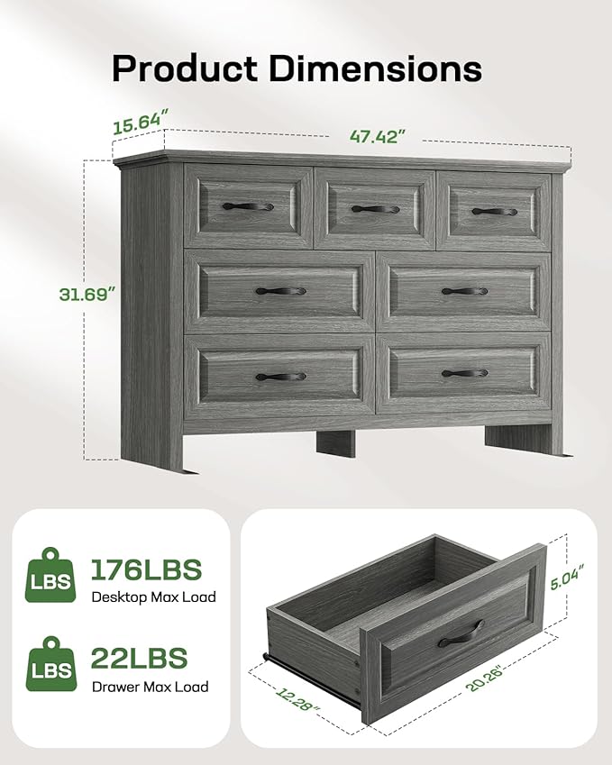 Marsail Farmhouse 7 Drawer Dresser, Wood Chest of Drawers with Natural Texture, Smooth Gliding Drawers, Versatile Storage Organizer Cabinet for Bedroom & Living Room, Grey