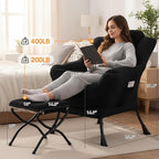 Lazy Chair with Ottoman, Large Lounge Accent Chair with Ottoman and a Throw Pillow, Black Reading Chair for Living Room Bedroom Dorm Room Office Apartment Relaxing Use