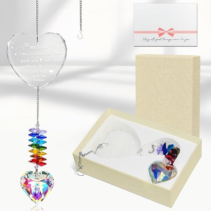 Suncatcher Gifts for Sister, Crystal Suncatcher Gift for Sister Birthday, Personalized Crystal Heart Ornaments Hanging for Windows, to My Sisters' Present Unique Gifts for Sisters