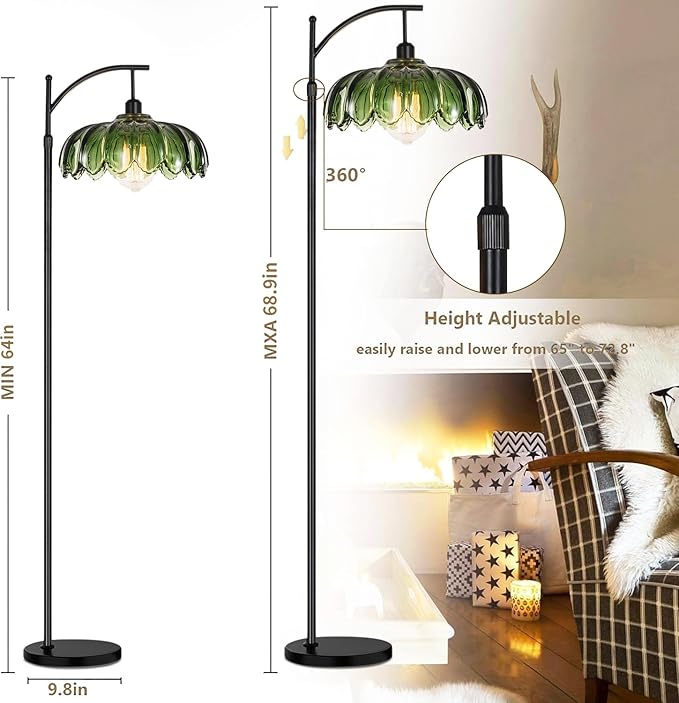 Glass Floor Lamp for Living Room,Bedroom,Gold Dimmable Standing Lamp with Remote,Mid Century Modern Brass Tall Lamp Boho Vintage Retro Floor Lamps Arc Green Flower Floor Light Lamp Bohemian