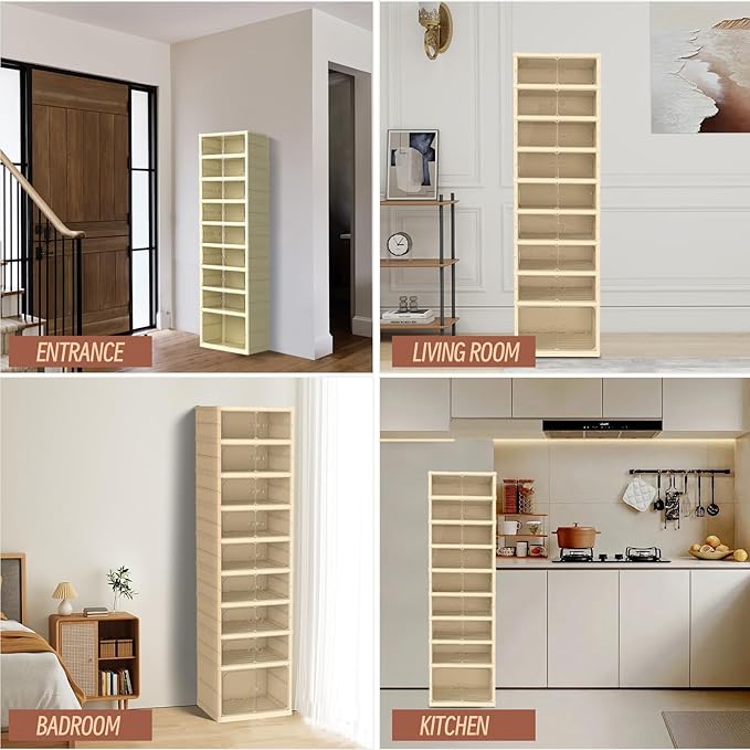 Dollate Shoe Organizer Storage Box,No-Assembly 9 Tiers Foldable Shoe Rack with Clear Door, Large Sneaker Cabinet Bins for Living Room, Cloakroom, Entryway