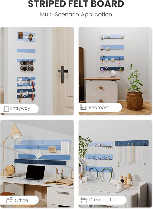 Fluxynara Cork Board Alternative Felt Strip Board 8-Pack 13"x2", Office Pin Board with 50 Push Pins, Adhesive Install for Bedroom Door & Home Office(Denim Mist)