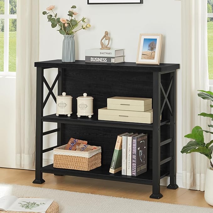 HOMBAZAAR 3-Tier Small Bookshelf, 35.4 Inch Short Book Shelf with Sturdy Metal Frame & Wood Shelves, Black Industrial Bookcase for Living Room, Bedroom, Office