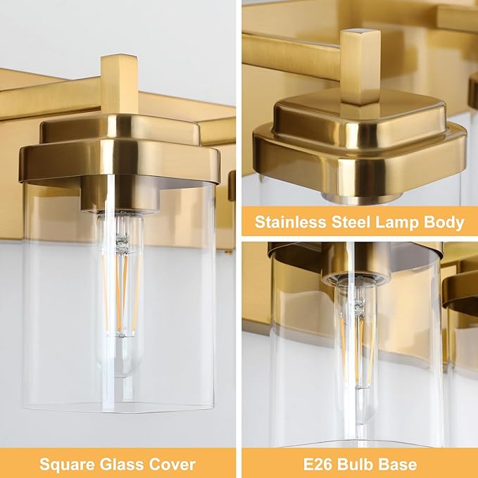 Vanity Light Fixture,3-Light Vanity Light for Bathroom,Brushed Gold Bathroom Vanity Lighting Over Mirror with Square Clear Glass Shade for Restroom