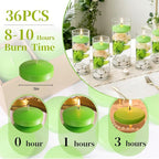 Premium Floating Candles 3 Inch,36 Pack Scented Floating Candles with Candied Citrus Fragrance, 8 Hours Long Burning Green Wax Candles for Pool Parties, Outdoor Dinners, Wedding Decor, Holiday Events