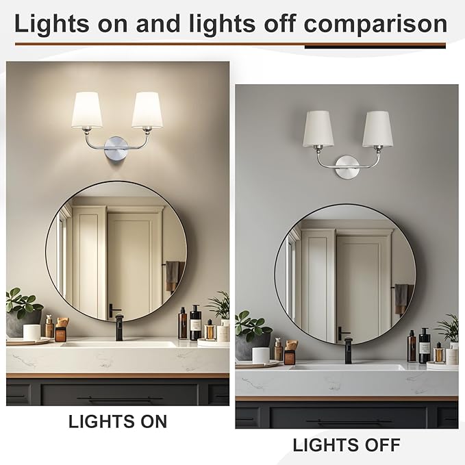 Kvhilw Bathroom Vanity Light, Brushed Nickel Bathroom Light Fixtures, 2-Light Lighting Fixtures Over Miror, Modern Wall Sconce with Flared White Fabric Shade, E26 Socket(ETL Listed)