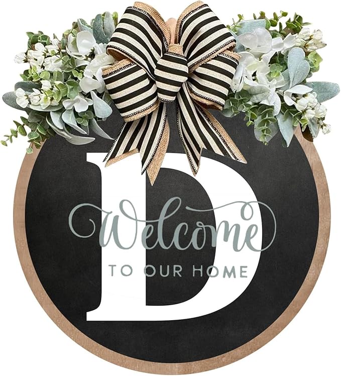 Circular Surname Front Door Welcome Sign - 26 Letter House Wreath, Front Porch Decorations, Year-Round Home Decor (D)