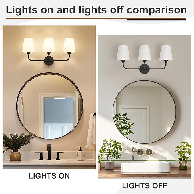 Kvhilw Bathroom Vanity Light, Matte Black Bathroom Light Fixtures, 3-Light Lighting Fixtures Over Miror, Modern Wall Sconce with Flared White Fabric Shade, E26 Socket(ETL Listed)