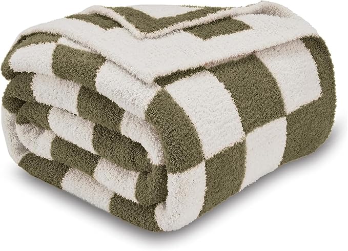 CozeCube Super Soft Fullfy Microfiber Reversible Knitted Blankets, Warm Cozy Fuzzy Plush Throw, Olive Green and White Checkered Throw Blanket for Couch Bed Sofa, 50" x 60"