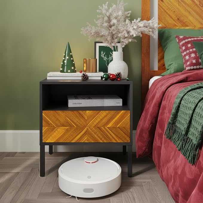Bme Vivian Solid Wood Nightstand, End Table, Bedside Table with Herringbone Pattern for Rustic Bedroom, Easy Assembly, Rustic Golden Brown and Black
