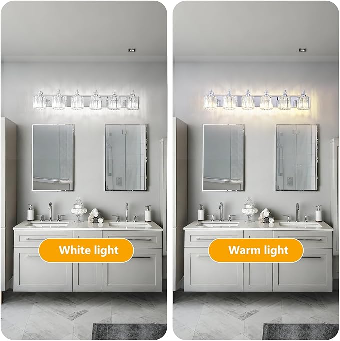 6-Light Modern Bathroom Light Fixture Chrome Bathroom Vanity Lights Over Mirror Wall Sconce Lighting with K9 Crystal Shades E26 Base for Bedroom, Living Room, Hallway Wall Lamp