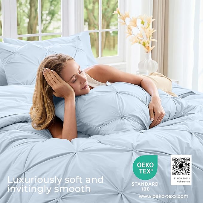 Sasttie Queen Comforter Set, 7-Piece Bed in a Bag, Pintuck Bedding Sets for All Season, Includes Comforter, Flat Sheet, Fitted Sheet, Pillowcases and Pillowshams, Light Blue